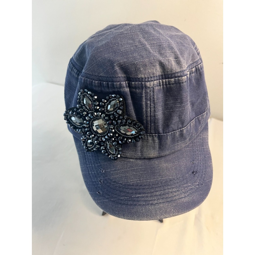 Blue Denim Corps-Style Cap with Bedazzled Flower - Adjustable - 100% Cotton
